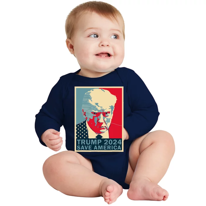 Trump Mug Shot 2024 Save America Trump Retro Baby Long Sleeve Bodysuit