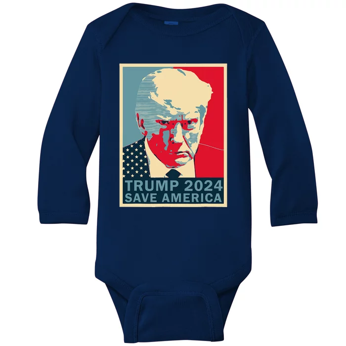 Trump Mug Shot 2024 Save America Trump Retro Baby Long Sleeve Bodysuit