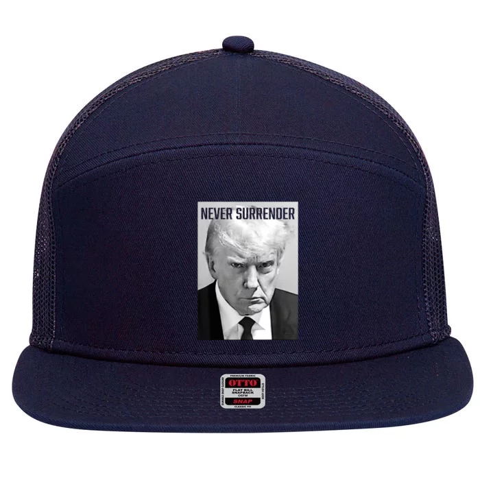 Trump Mug Shot Donald Trump Mug Shot Never Surrender 7 Panel Mesh Trucker Snapback Hat