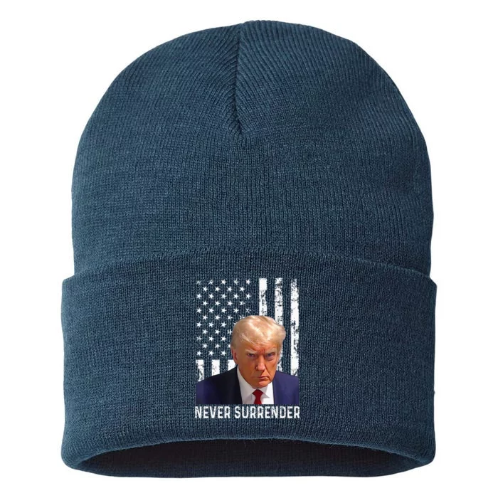 Trump Mug Shot Donald Trump Mug Shot Never Surrender Sustainable Knit Beanie