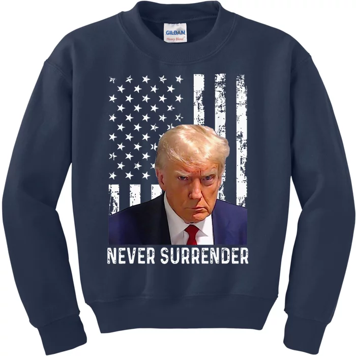 Trump Mug Shot Donald Trump Mug Shot Never Surrender Kids Sweatshirt