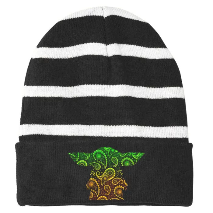 Teardrop Mandala Silhouette Alien Forest Dark Background Striped Beanie with Solid Band