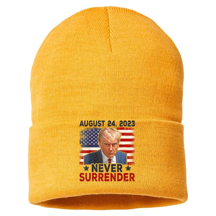 Trump Mug Shot Donald Trump Mug Shot Never Surrender America Flag Sustainable Knit Beanie