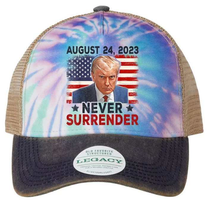 Trump Mug Shot Donald Trump Mug Shot Never Surrender America Flag Legacy Tie Dye Trucker Hat