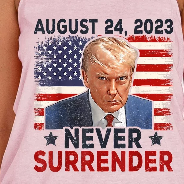 Trump Mug Shot Donald Trump Mug Shot Never Surrender America Flag Women's Knotted Racerback Tank