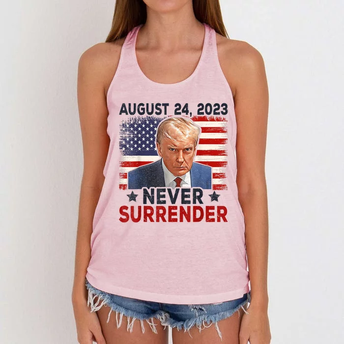 Trump Mug Shot Donald Trump Mug Shot Never Surrender America Flag Women's Knotted Racerback Tank