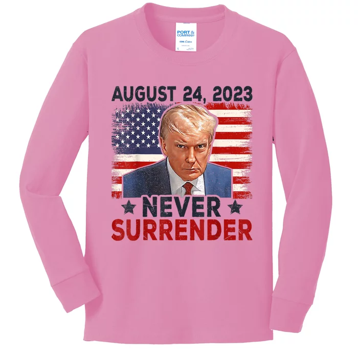 Trump Mug Shot Donald Trump Mug Shot Never Surrender America Flag Kids Long Sleeve Shirt