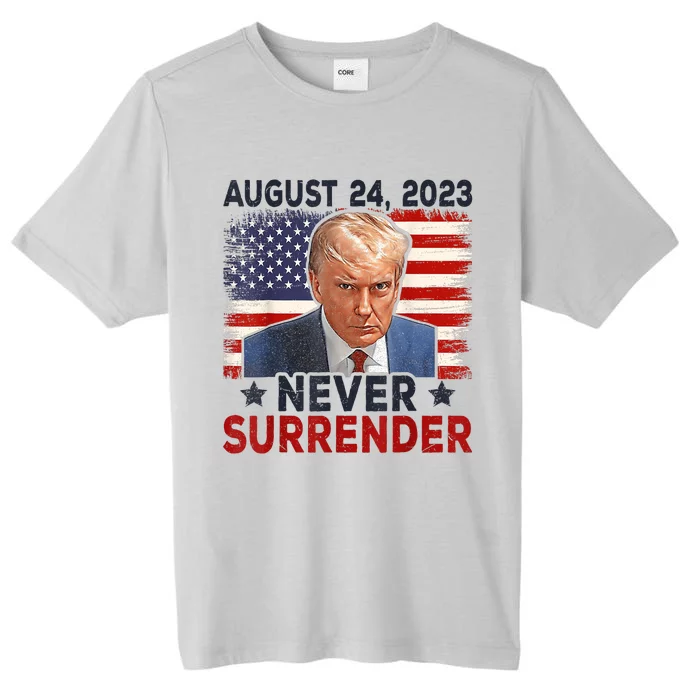 Trump Mug Shot Donald Trump Mug Shot Never Surrender America Flag ChromaSoft Performance T-Shirt