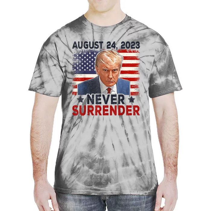 Trump Mug Shot Donald Trump Mug Shot Never Surrender America Flag Tie-Dye T-Shirt