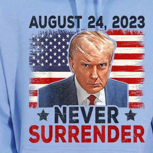 Trump Mug Shot Donald Trump Mug Shot Never Surrender America Flag Unisex Surf Hoodie