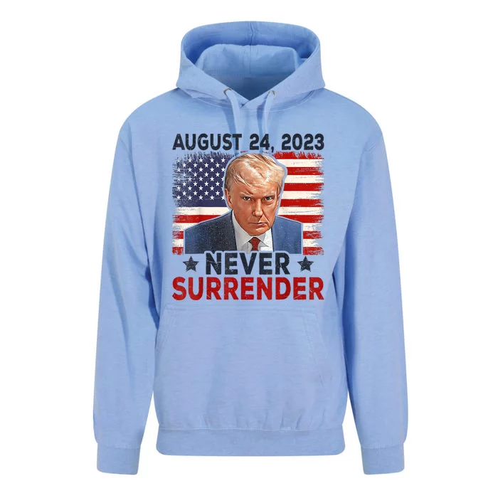 Trump Mug Shot Donald Trump Mug Shot Never Surrender America Flag Unisex Surf Hoodie