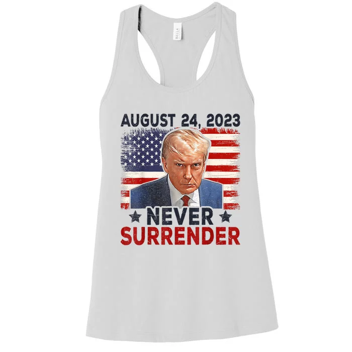 Trump Mug Shot Donald Trump Mug Shot Never Surrender America Flag Women's Racerback Tank