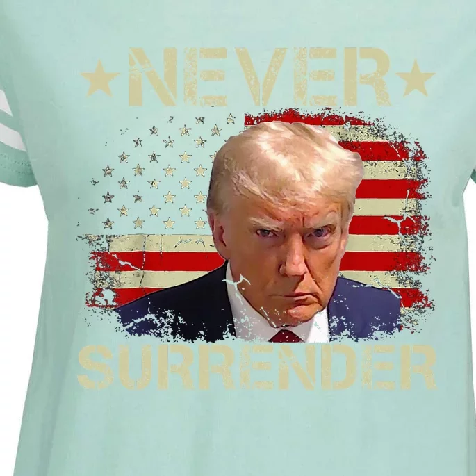 Trump Mug Shot Never Surrender Pro Trump American Flag Enza Ladies Jersey Football T-Shirt