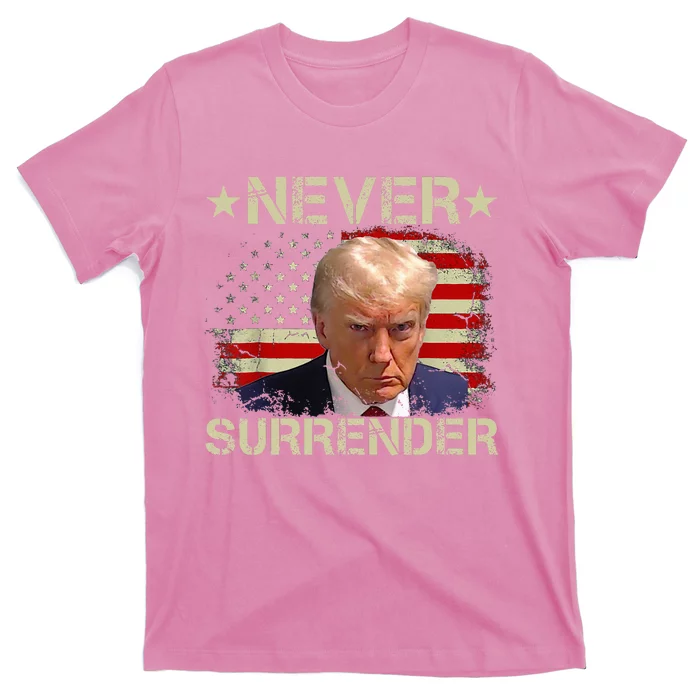 Trump Mug Shot Never Surrender Pro Trump American Flag T-Shirt