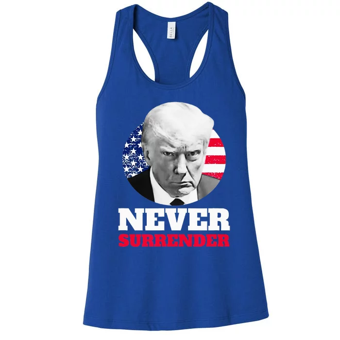 Trump Mug Shot Never Surrender Women's Racerback Tank