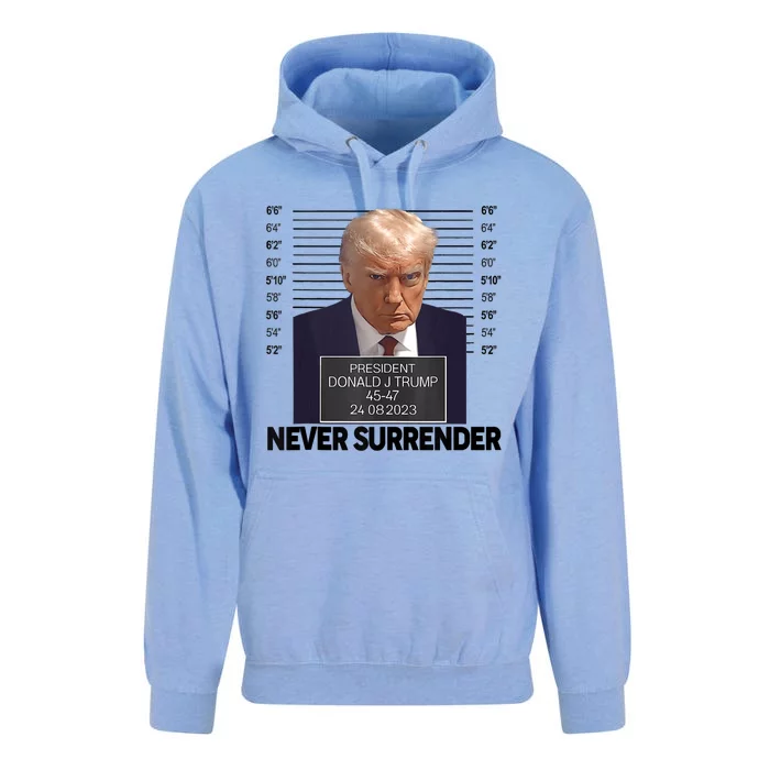 Trump Mug Shot Donald Trump Mug Shot Never Surrender Unisex Surf Hoodie