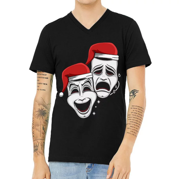 Theater Mask Santa Hat Christmas Pajama Musical Broadway V-Neck T-Shirt