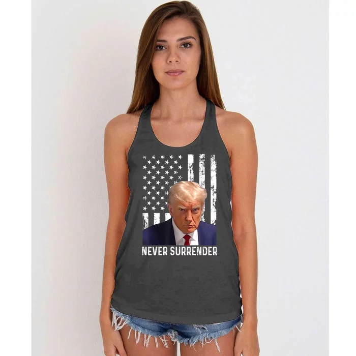 Trump Mug Shot Donald Trump Mug Shot Never Surrender Women's Knotted Racerback Tank