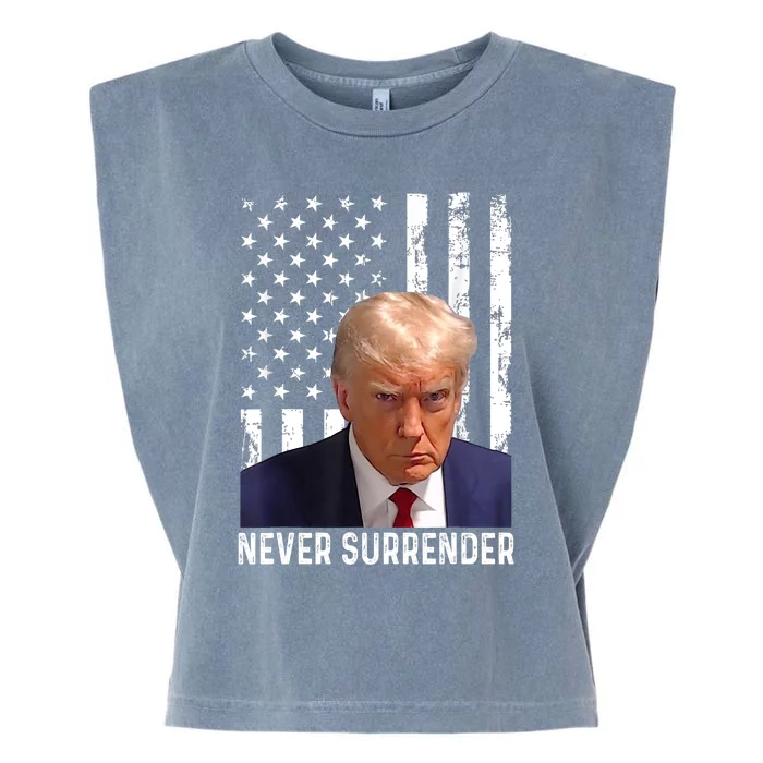 Trump Mug Shot Donald Trump Mug Shot Never Surrender Garment-Dyed Women's Muscle Tee