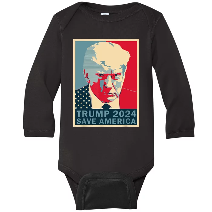 Trump Mug Shot 2024 Save America Trump Baby Long Sleeve Bodysuit