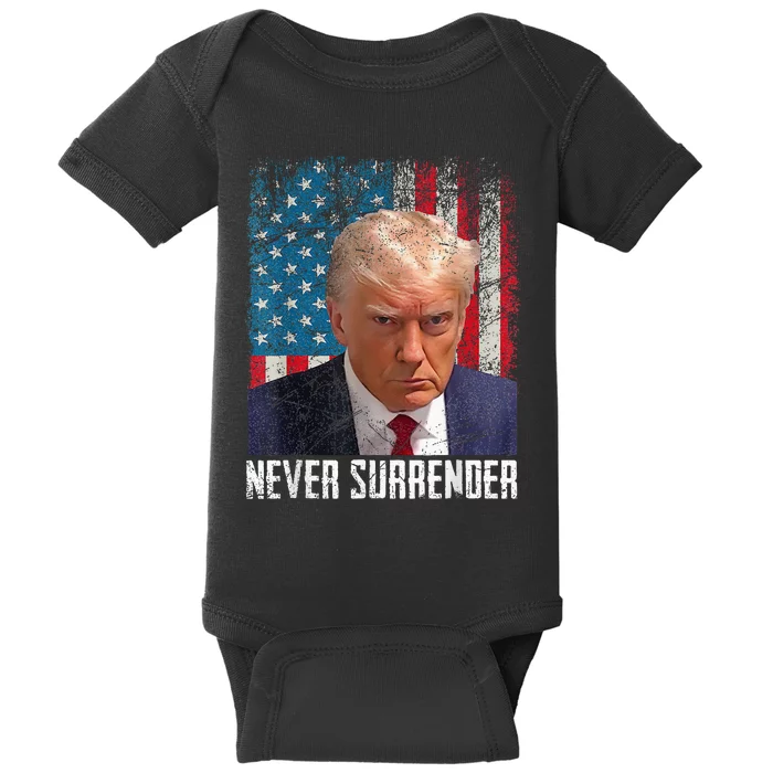 Trump Mug Shot Donald Trump Mug Shot Never Surrender Baby Bodysuit