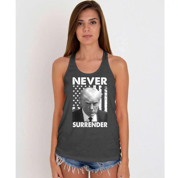 Trump Mug Shot Donald Trump Mug Shot Never Surrender Women's Knotted Racerback Tank