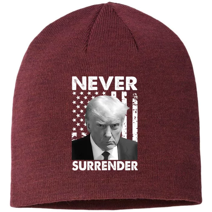 Trump Mug Shot Donald Trump Mug Shot Never Surrender Trending Design 8 1/2in Sustainable Knit Beanie