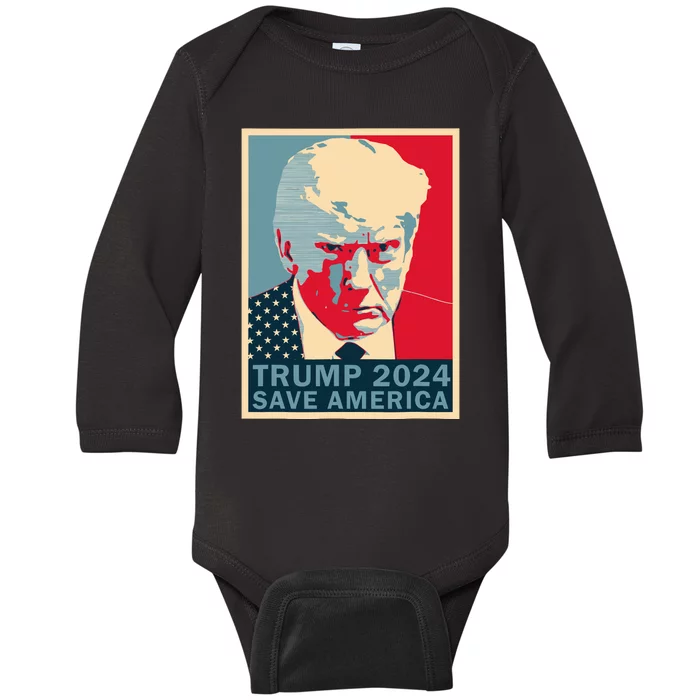 Trump Mug Shot 2024 Save America Trump Baby Long Sleeve Bodysuit