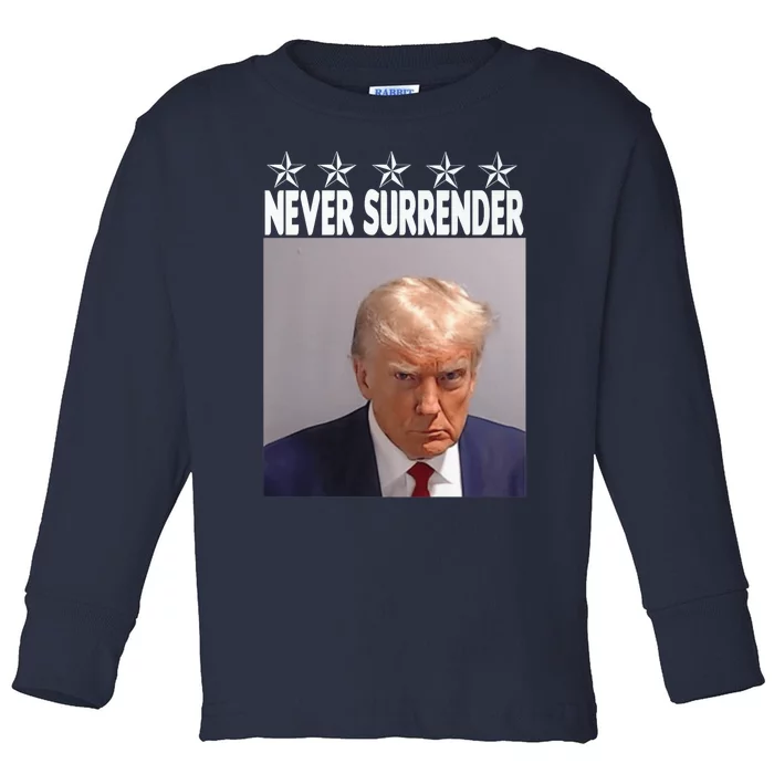 Trump Mug Shot Shirt - Never Surrender -Pro Trump 2024 Toddler Long Sleeve Shirt