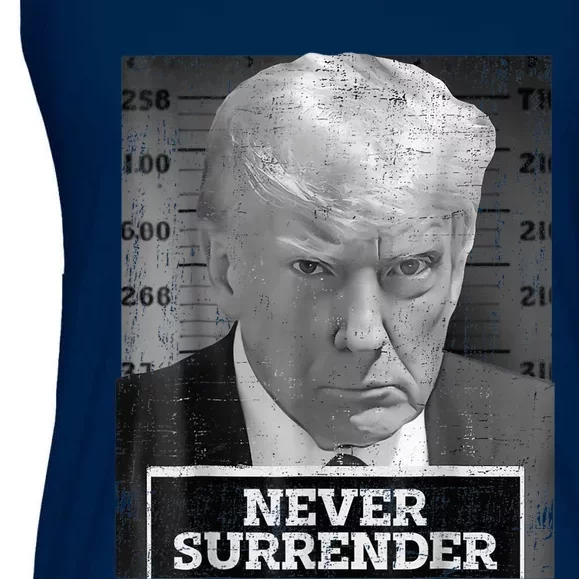 Trump Mug Shot - Donald Trump Mug Shot - Never Surrender Ladies Essential Flowy Tank