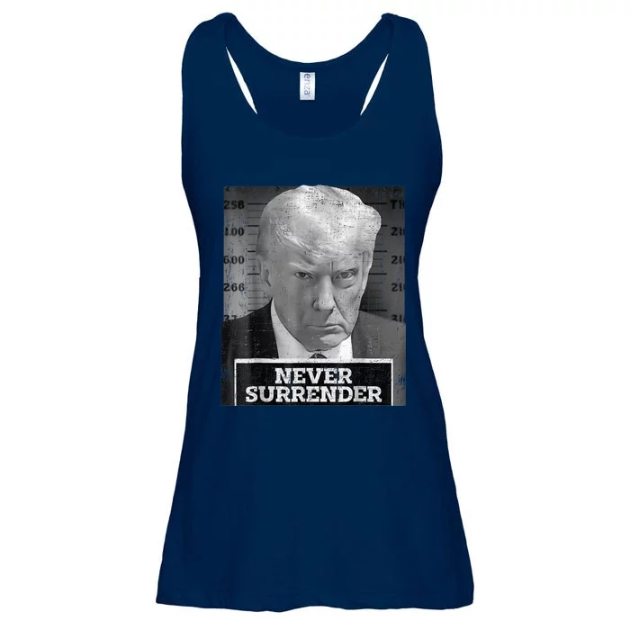 Trump Mug Shot - Donald Trump Mug Shot - Never Surrender Ladies Essential Flowy Tank