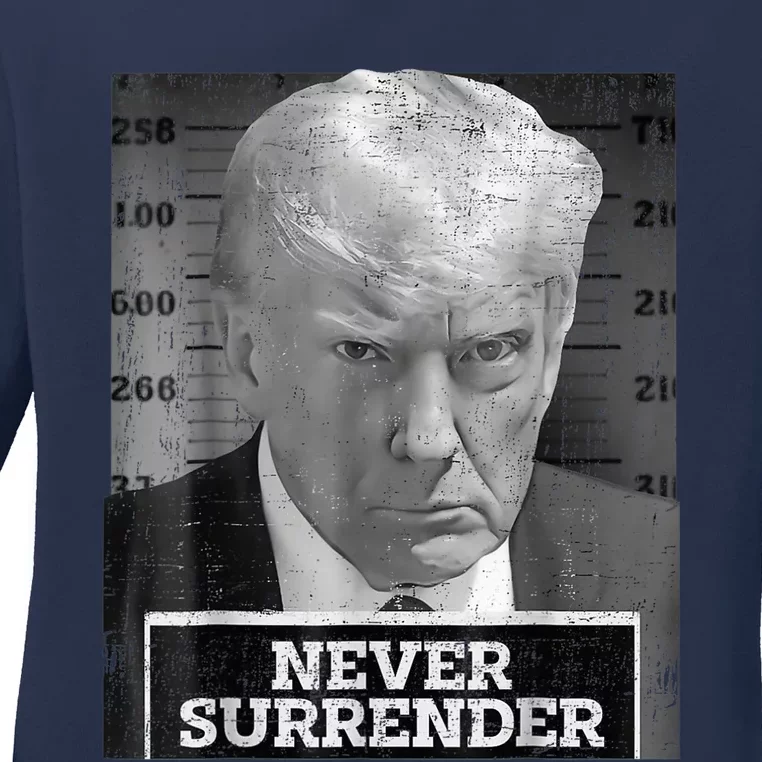 Trump Mug Shot - Donald Trump Mug Shot - Never Surrender Ladies Long Sleeve Shirt