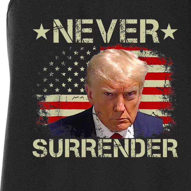 Trump Mug Shot Never Surrender Pro Trump American Flag Women's Racerback Tank