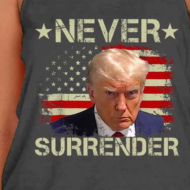 Trump Mug Shot Never Surrender Pro Trump American Flag Women's Knotted Racerback Tank