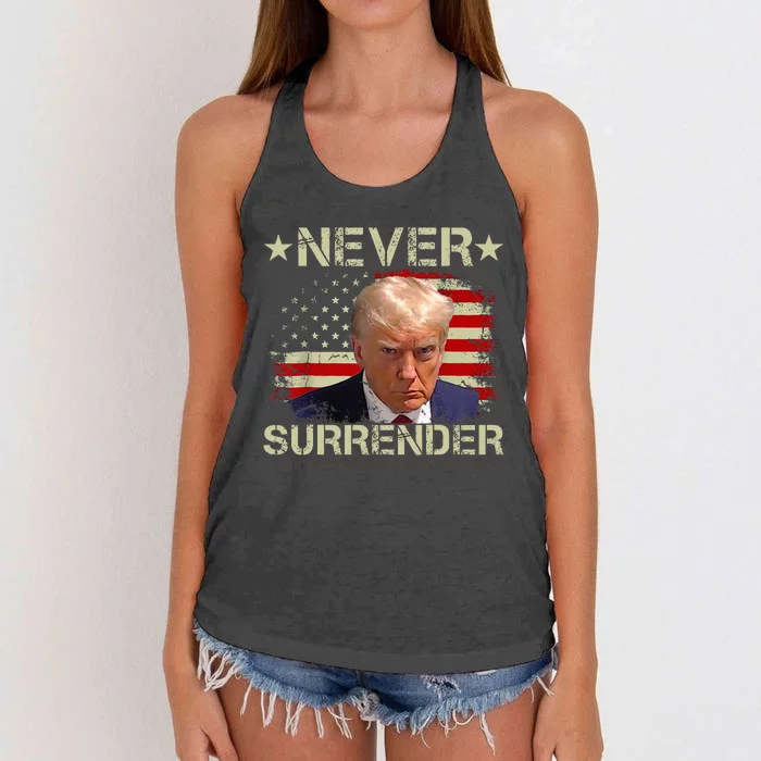 Trump Mug Shot Never Surrender Pro Trump American Flag Women's Knotted Racerback Tank