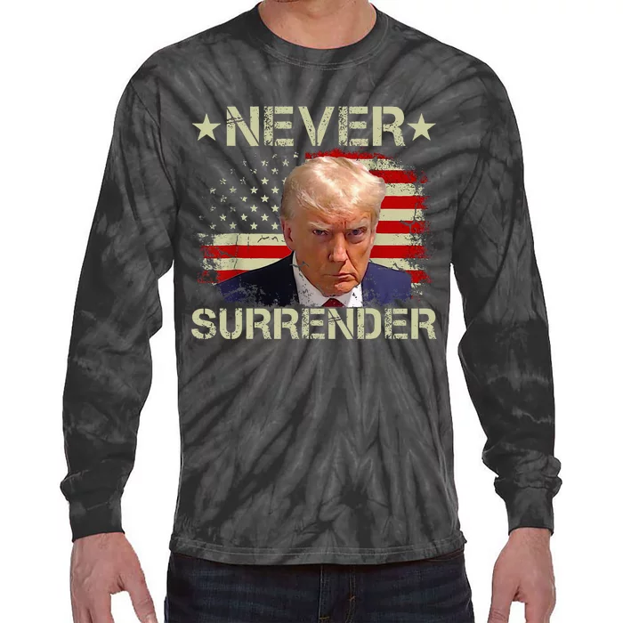 Trump Mug Shot Never Surrender Pro Trump American Flag Tie-Dye Long Sleeve Shirt