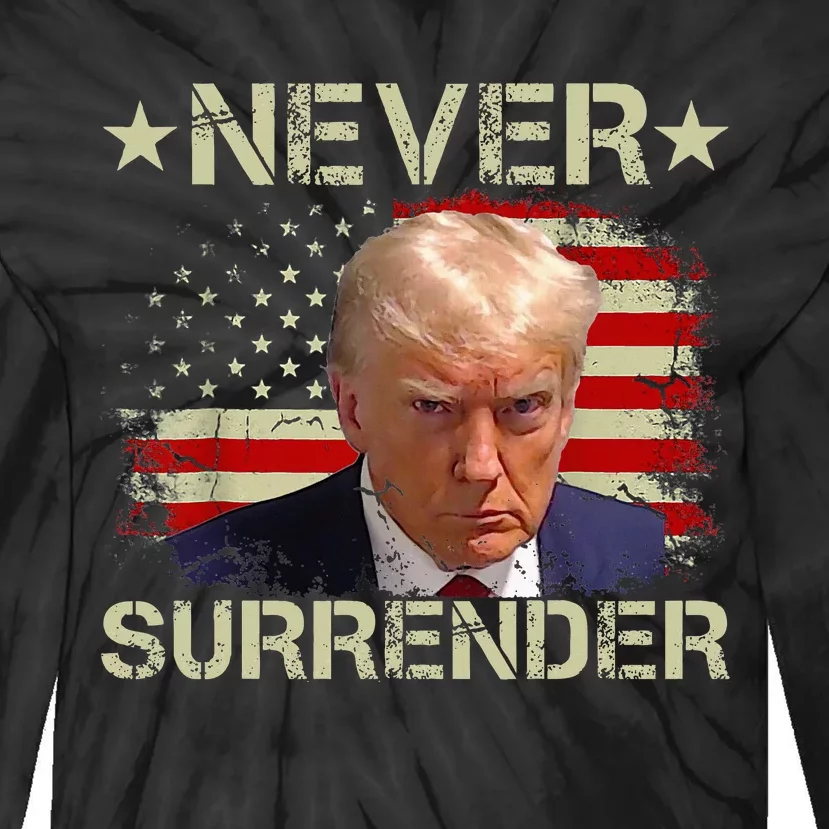 Trump Mug Shot Never Surrender Pro Trump American Flag Tie-Dye Long Sleeve Shirt