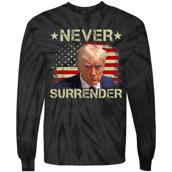 Trump Mug Shot Never Surrender Pro Trump American Flag Tie-Dye Long Sleeve Shirt