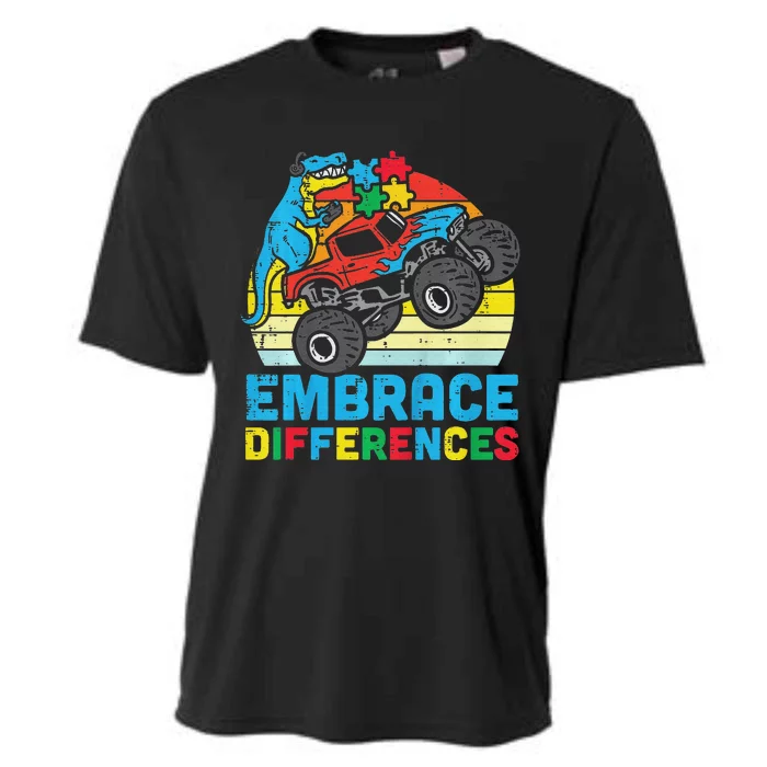 Trex Monster Truck Embrace Differences Autism Awareness Cooling Performance Crew T-Shirt