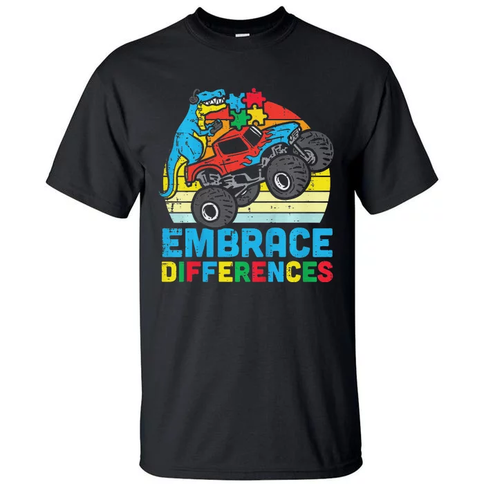 Trex Monster Truck Embrace Differences Autism Awareness Tall T-Shirt