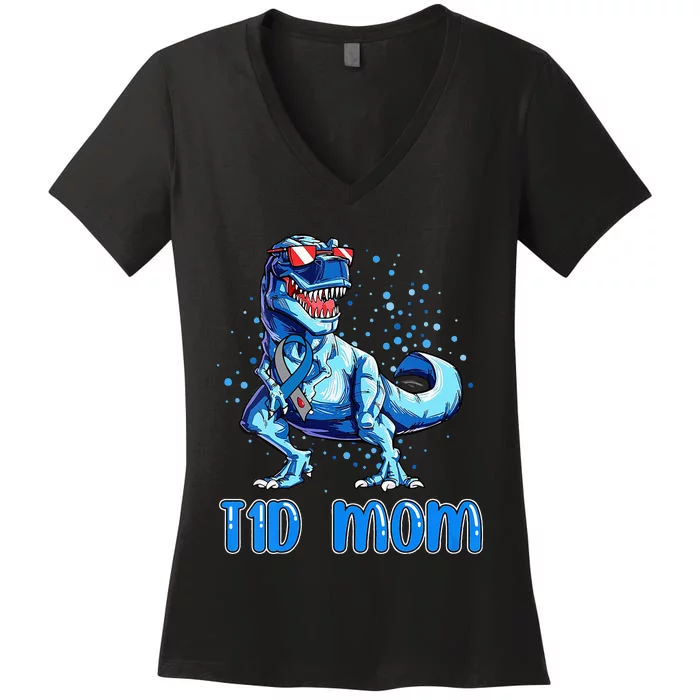 T1D Mom Type 1 Diabetes Ribbon T Rex Dinosaur Women's V-Neck T-Shirt