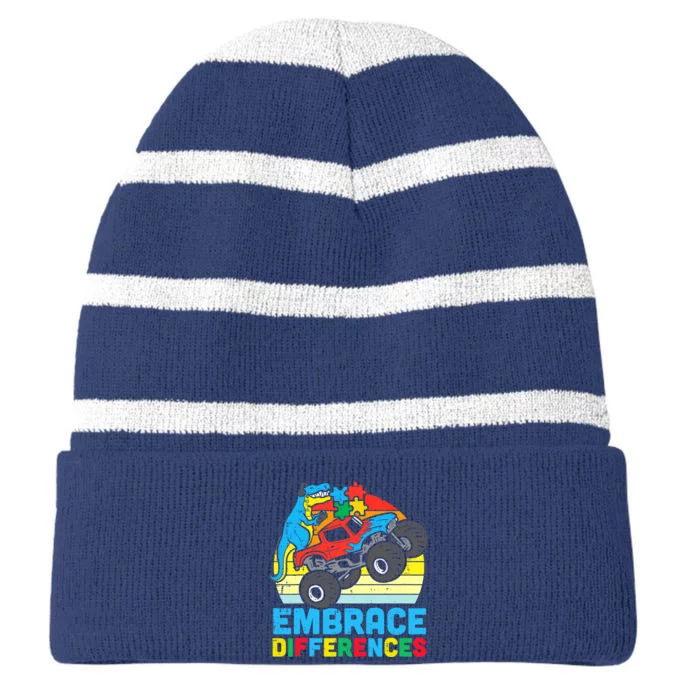 Trex Monster Truck Embrace Differences Autism Awareness Boys Striped Beanie with Solid Band