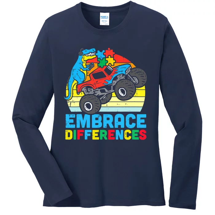 Trex Monster Truck Embrace Differences Autism Awareness Boys Ladies Long Sleeve Shirt