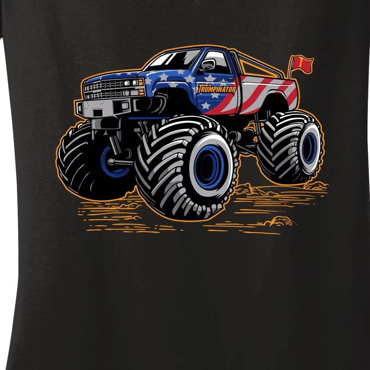 Trumpinator Monster Truck Show Trump USA Flag Women's V-Neck T-Shirt