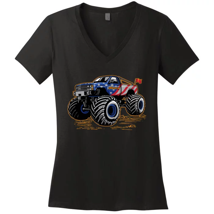 Trumpinator Monster Truck Show Trump USA Flag Women's V-Neck T-Shirt