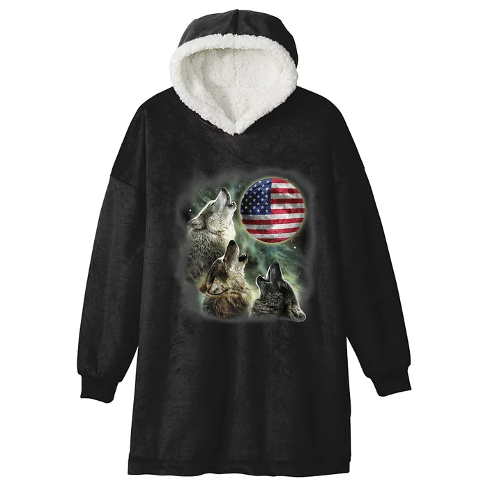 The Mountain Three Wolfs American Flag Moons Hooded Wearable Blanket