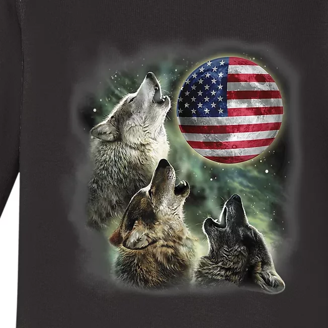 The Mountain Three Wolfs American Flag Moons Baby Long Sleeve Bodysuit