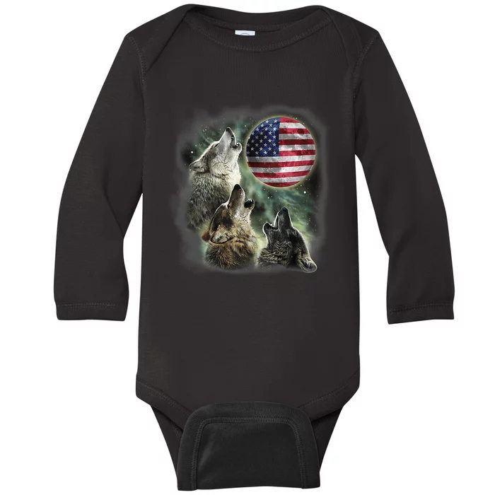 The Mountain Three Wolfs American Flag Moons Baby Long Sleeve Bodysuit