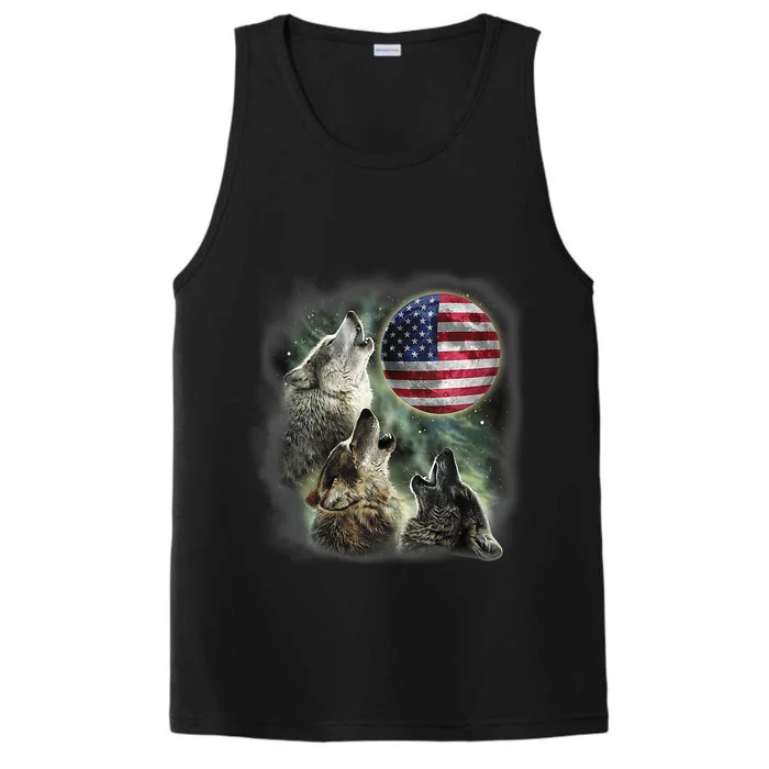 The Mountain Three Wolfs American Flag Moons Performance Tank