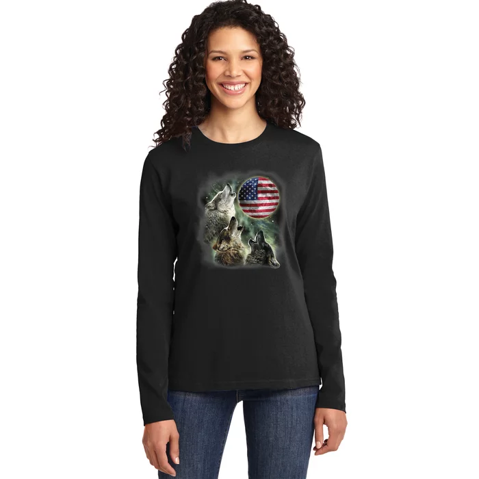 The Mountain Three Wolfs American Flag Moons Ladies Long Sleeve Shirt